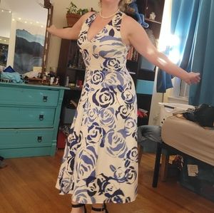 Talbots blue white floral dress aline vneck